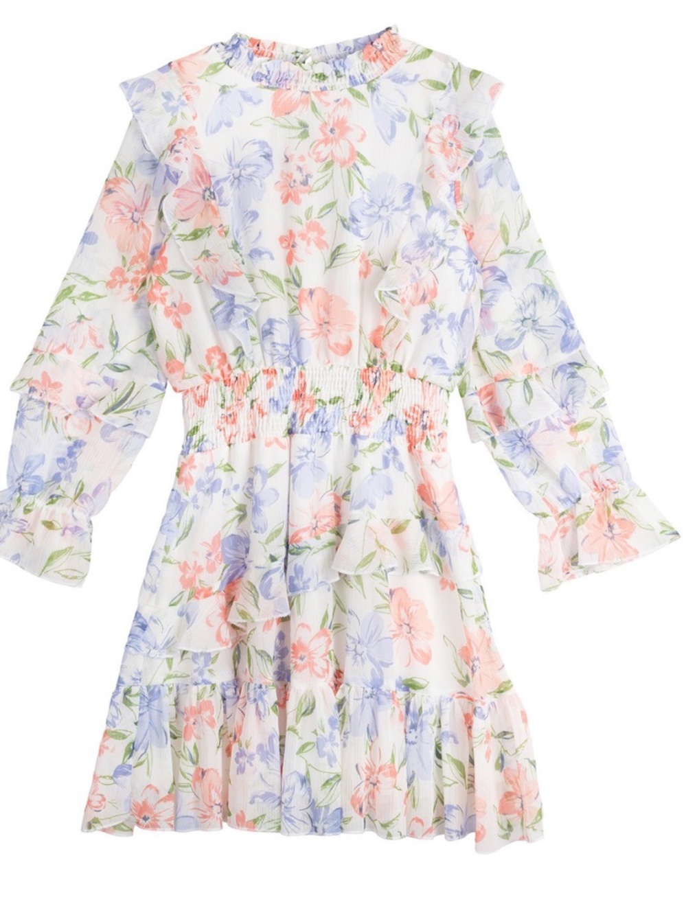 Rare Editions White Floral Ruffle Dress with Pink & Blue Blooms